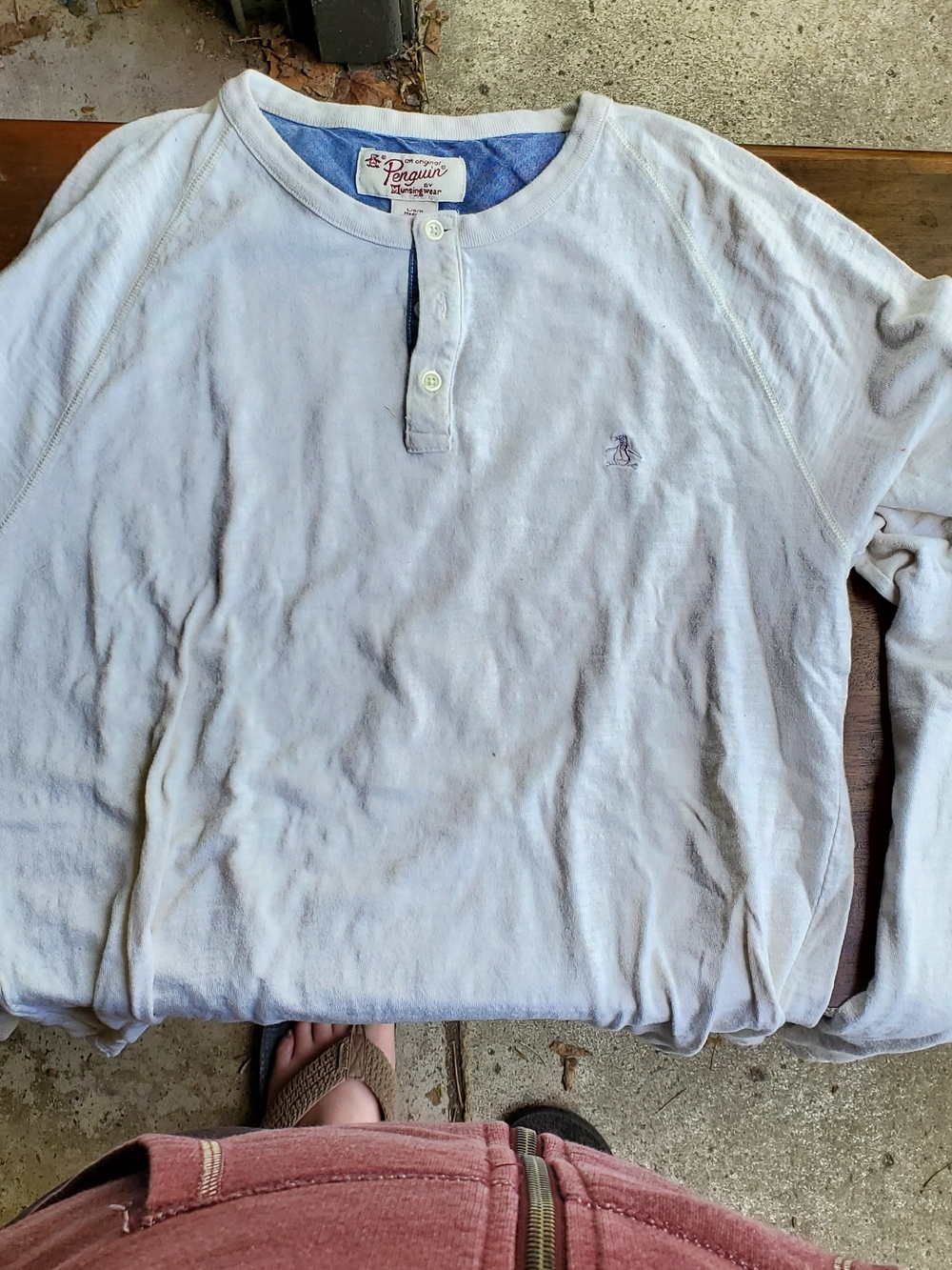Original Penguin White Long-Sleeve Henley with Light Blue Trim